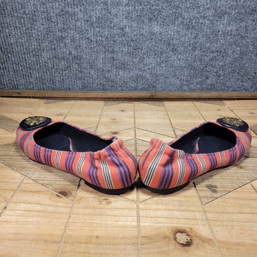 Tory Burch Reva Bauer 5.5M Ballet Flats Slip On Shoes Red Multi Stripe Canvas - Picture 7 of 11